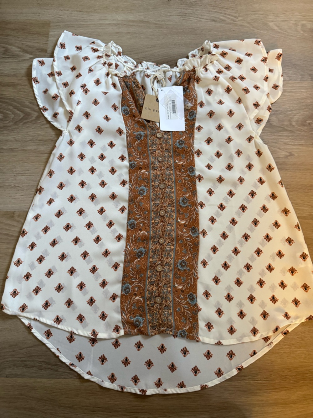 Women’s Cream Boho Floral Print Peasant Top with Rust Accent
